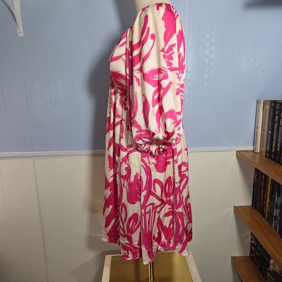 She + Sky Medium Hot Pink White Floral V Neck Balloon Sleeve Knee Length Dress - Picture 9 of 11